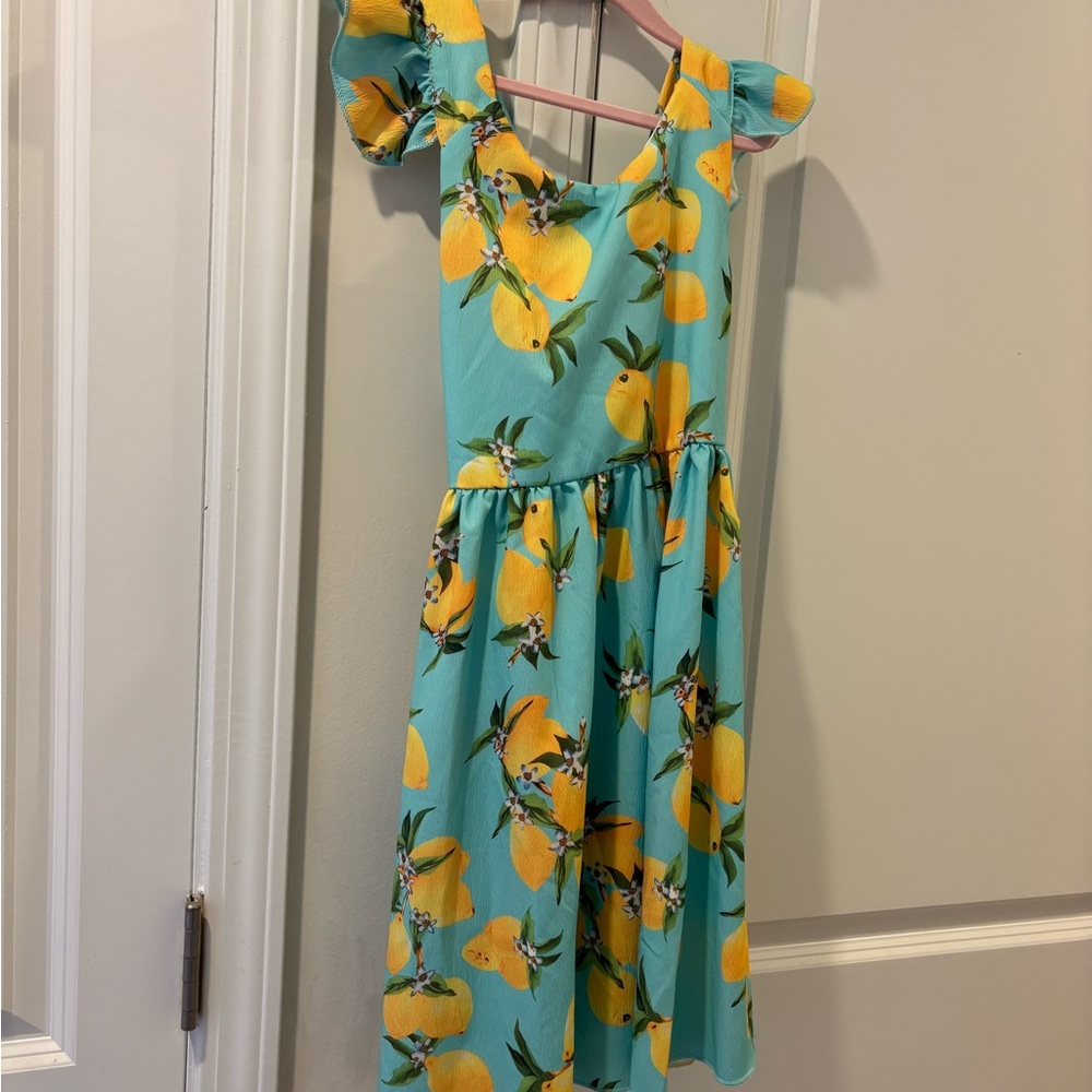 Girls' Lemon Print A-Line Dress - Turquoise & Yellow